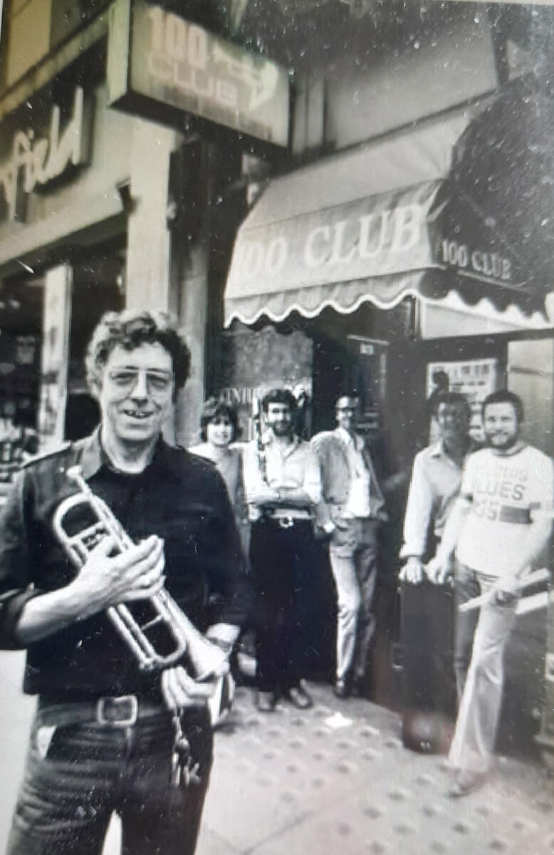 Tony and band outside the 100 club